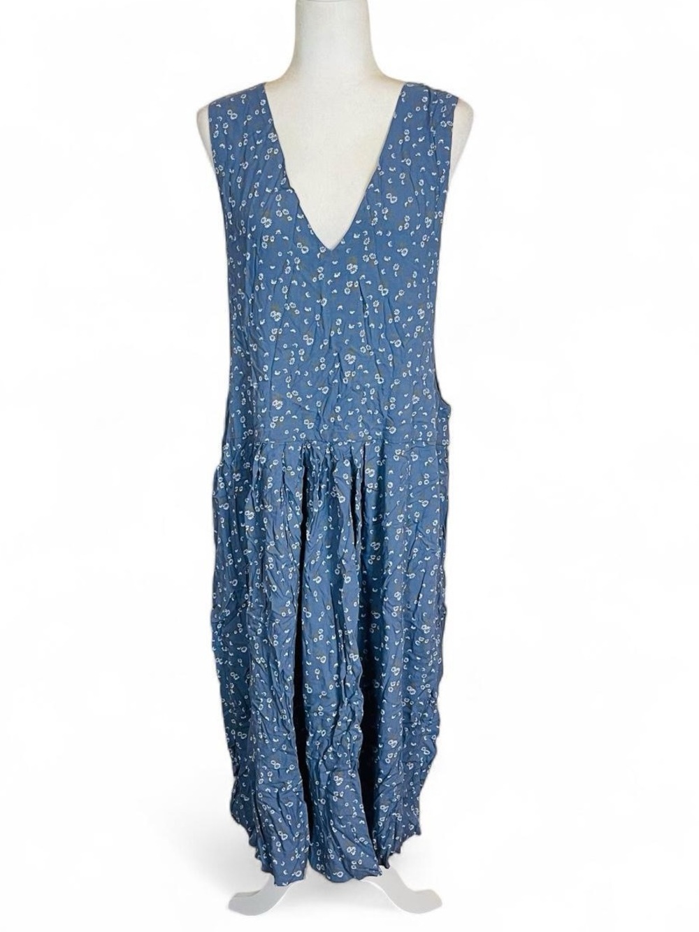 Vintage 80s 90s One Size Handmade Overall Dress V Neck Blue White Floral Print
